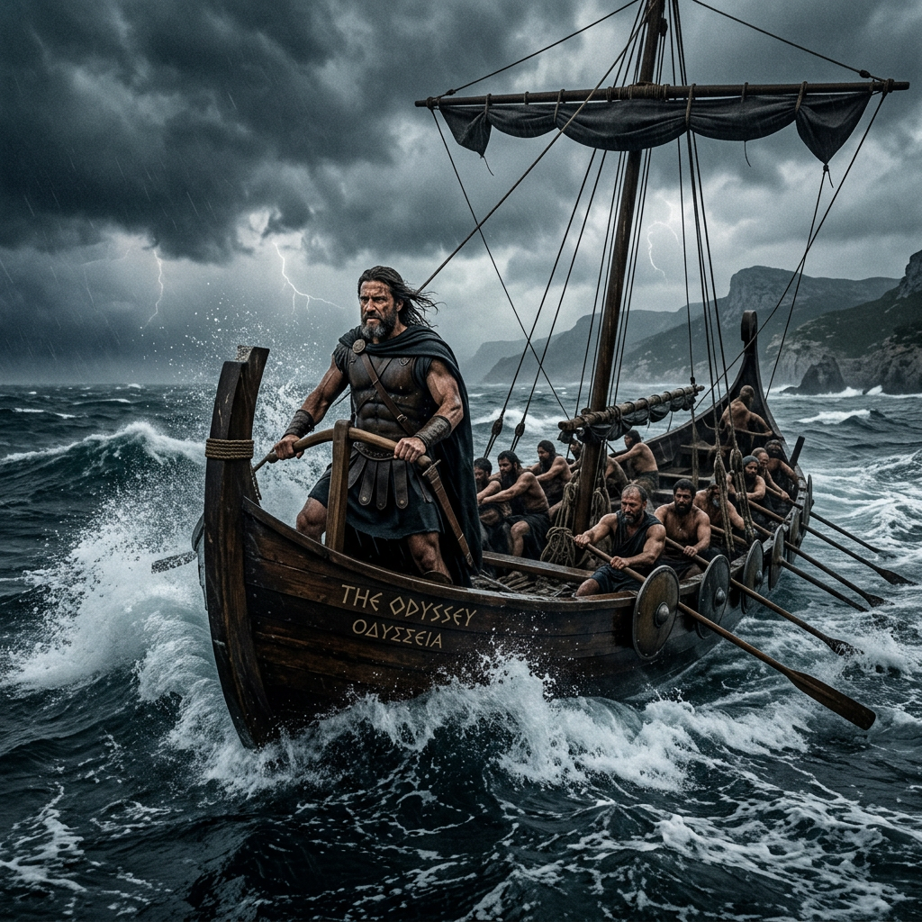 Odysseus and crew rowing a wooden ship through a stormy sea
