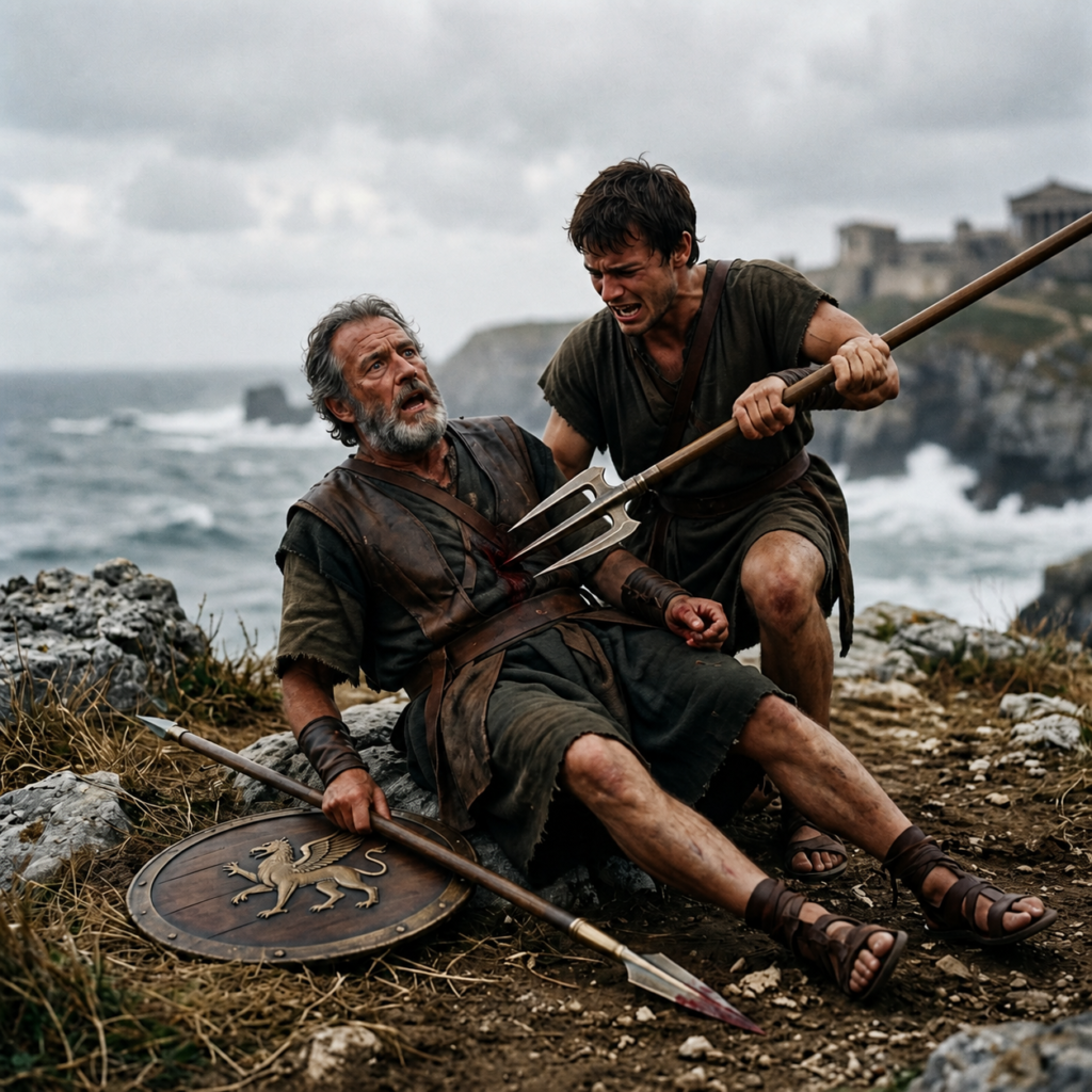 Wounded ancient warrior supported by companion beside sea with spear and shield