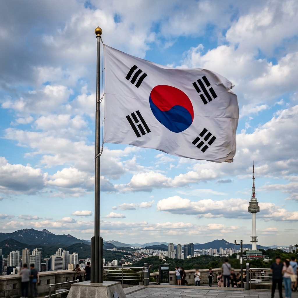 South Korean flag waving above Seoul skyline with Namsan Seoul Tower