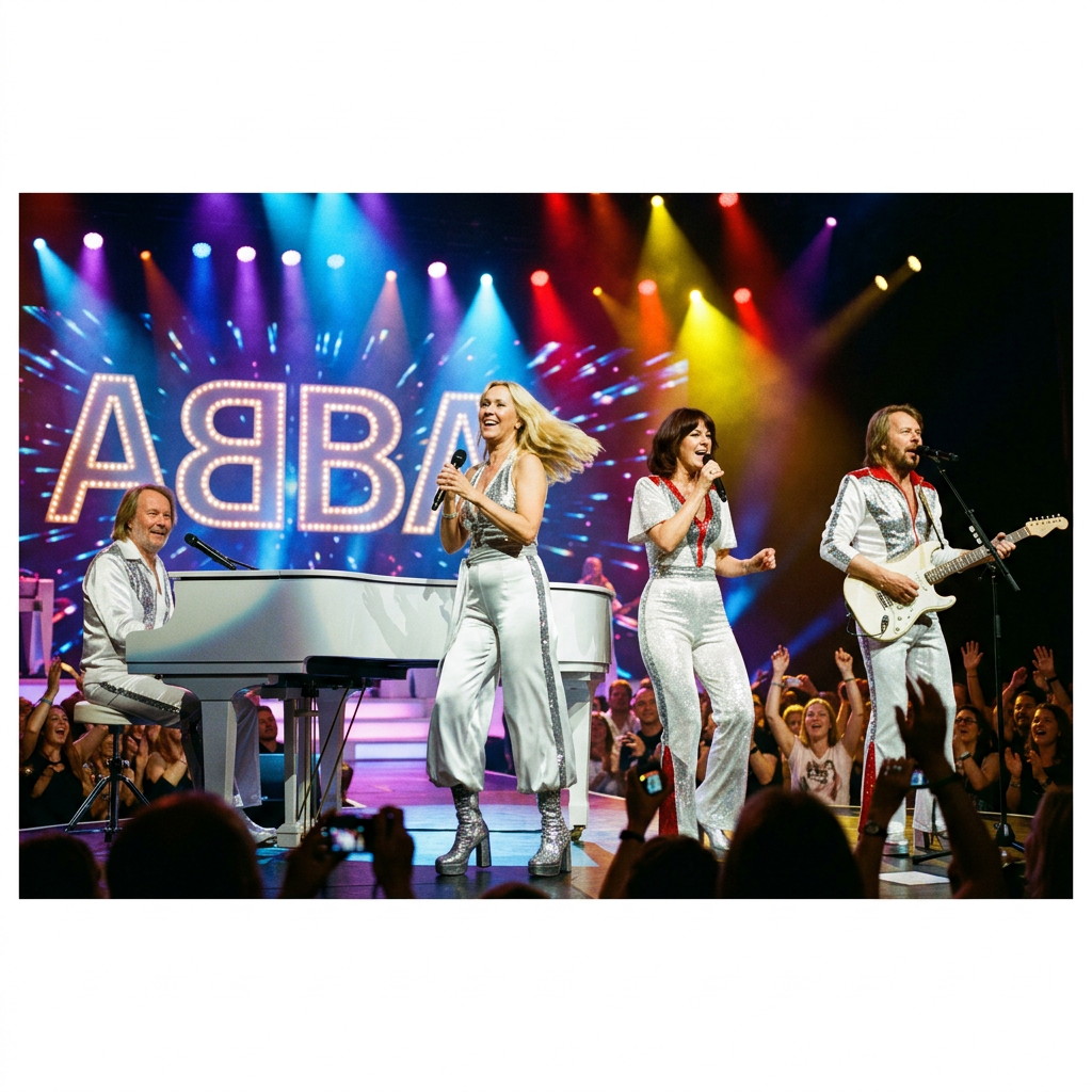 Four performers singing and playing onstage beneath colorful lights, with ABBA backdrop