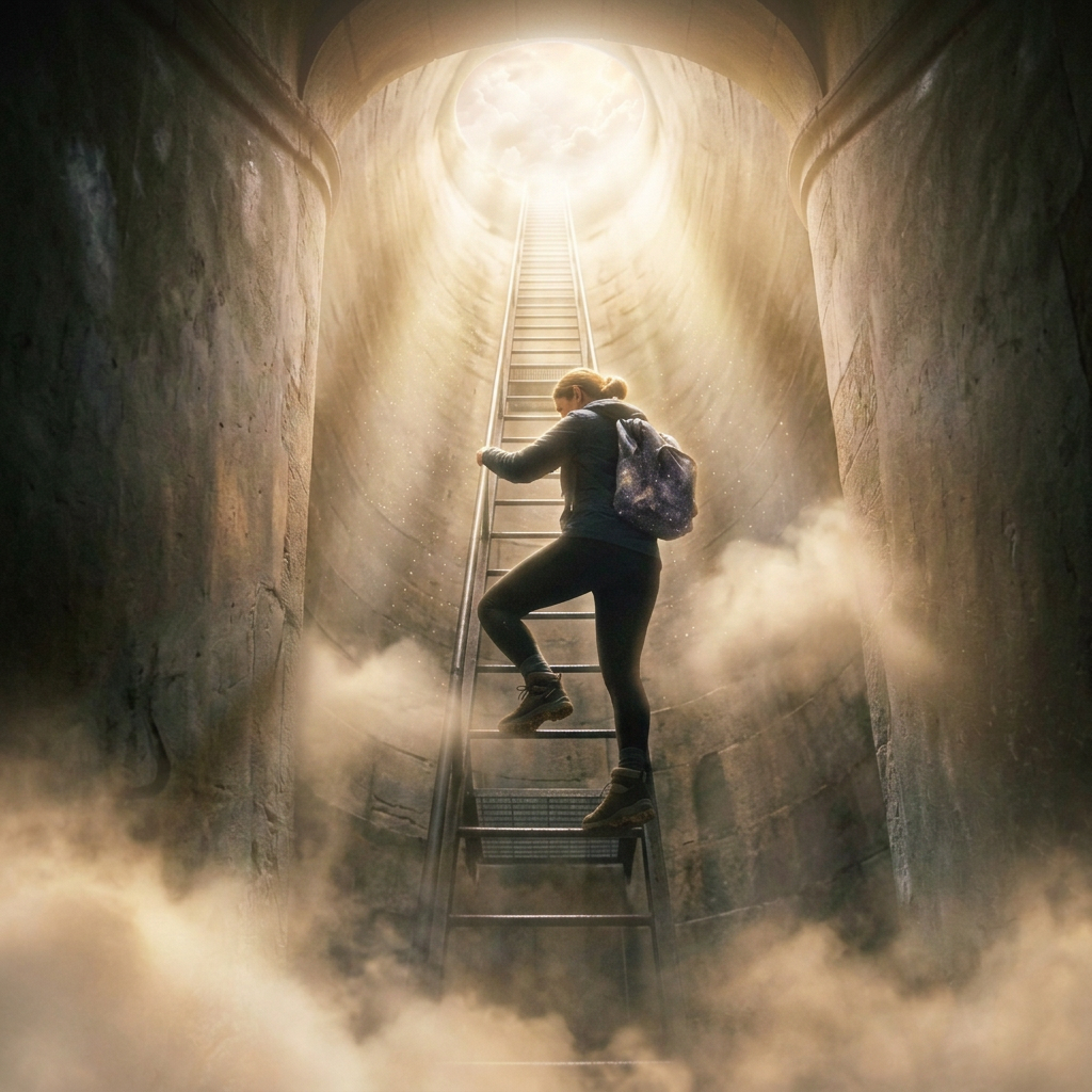 Traveler with backpack climbing a stone staircase beneath a domed skylight