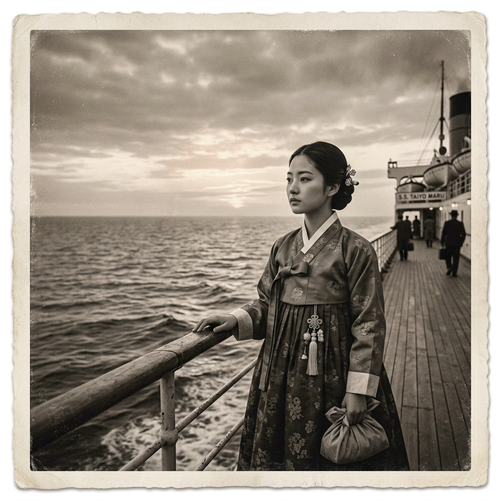 Woman in traditional Japanese clothing standing on a ship deck beside the ocean
