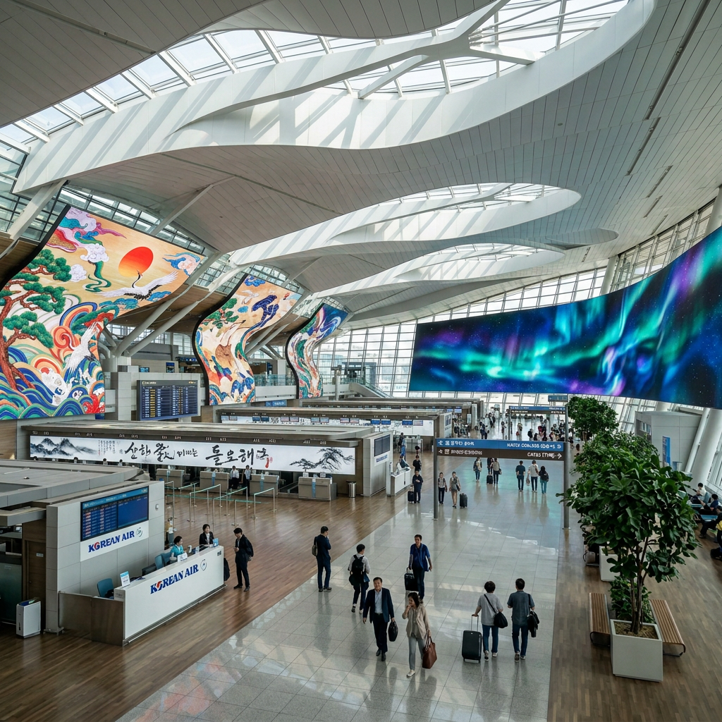 Travelers walking through an airport terminal with Korean Air check-in counters
