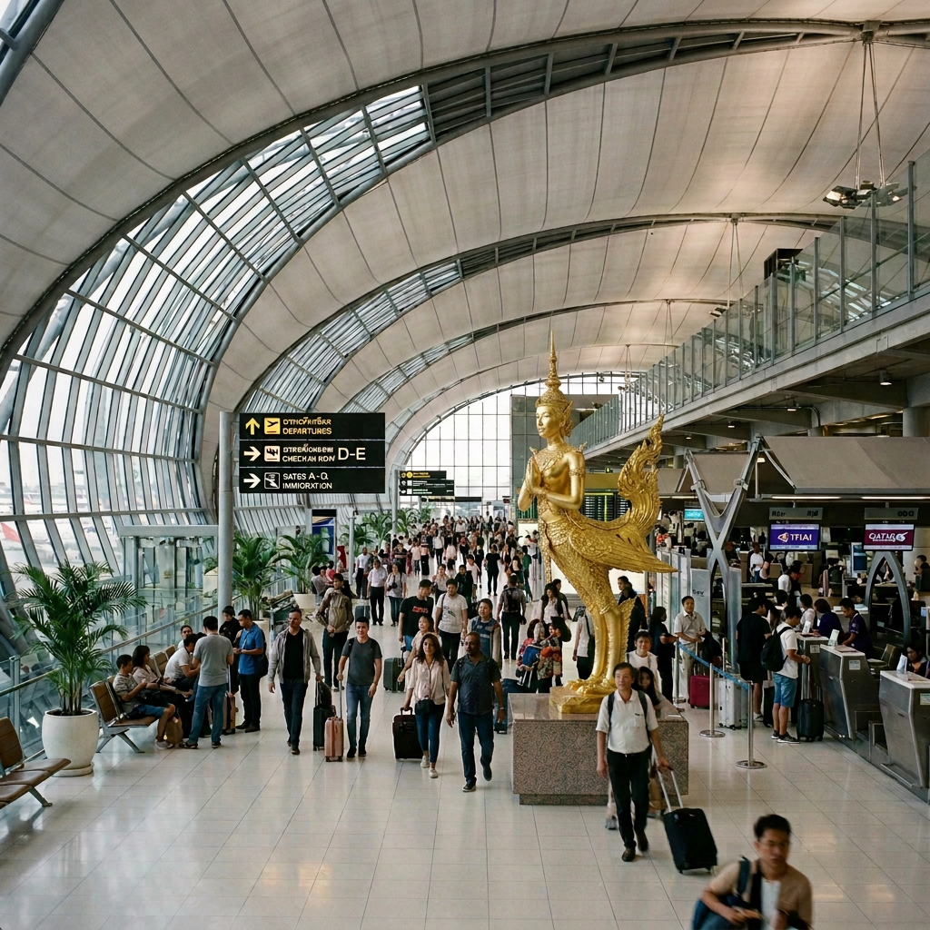 Busy airport departures hall with travelers, flight signs, and check-in counters