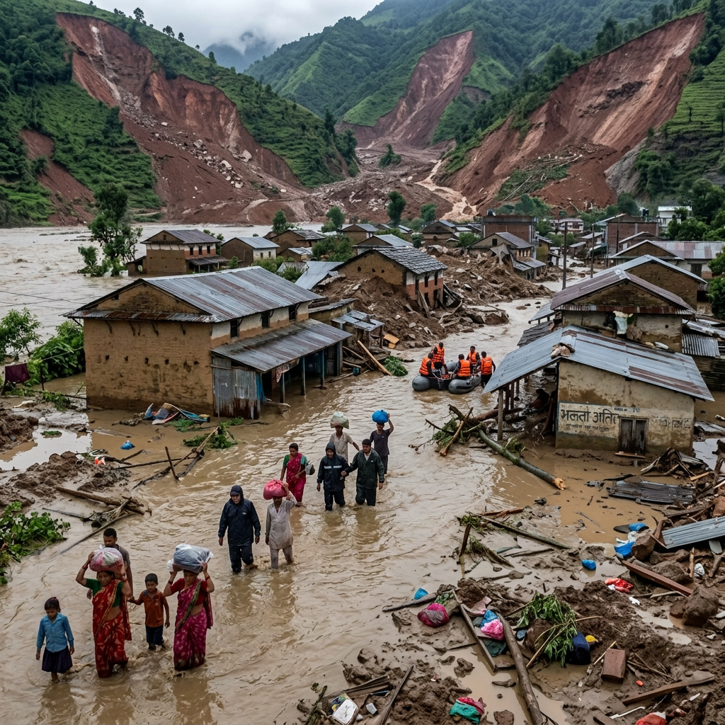 Flooded village with residents wading and rescuers transporting people by raft
