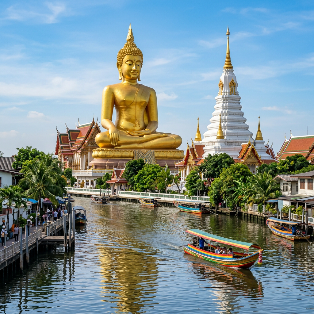 Golden Buddha and white temple beside a canal with colorful boats