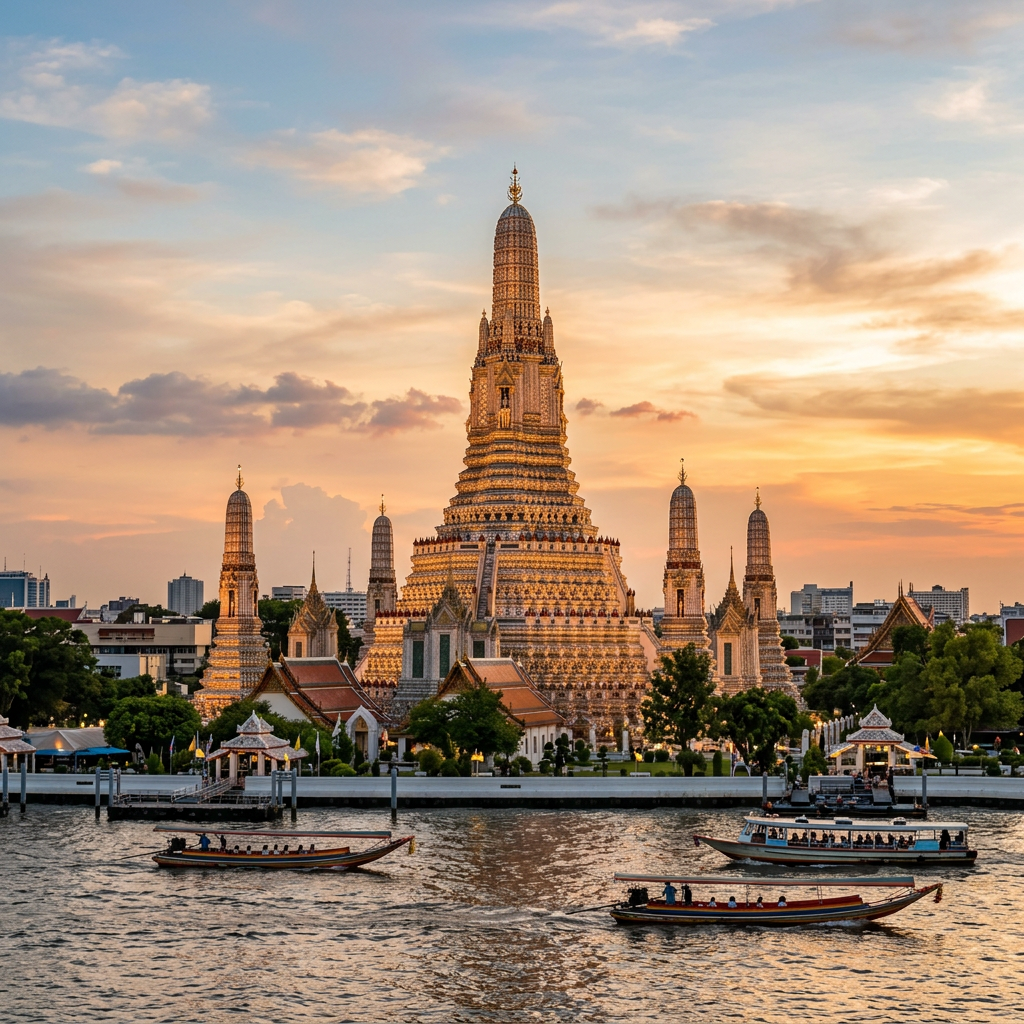 Wat Arun temple beside Bangkok's river at sunset with passing boats