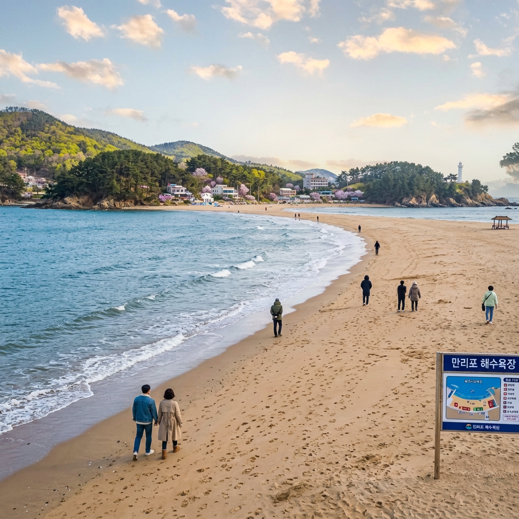 Crowded Manripo Beach with swimmers, umbrellas, and a sign reading 만리포 해수욕장