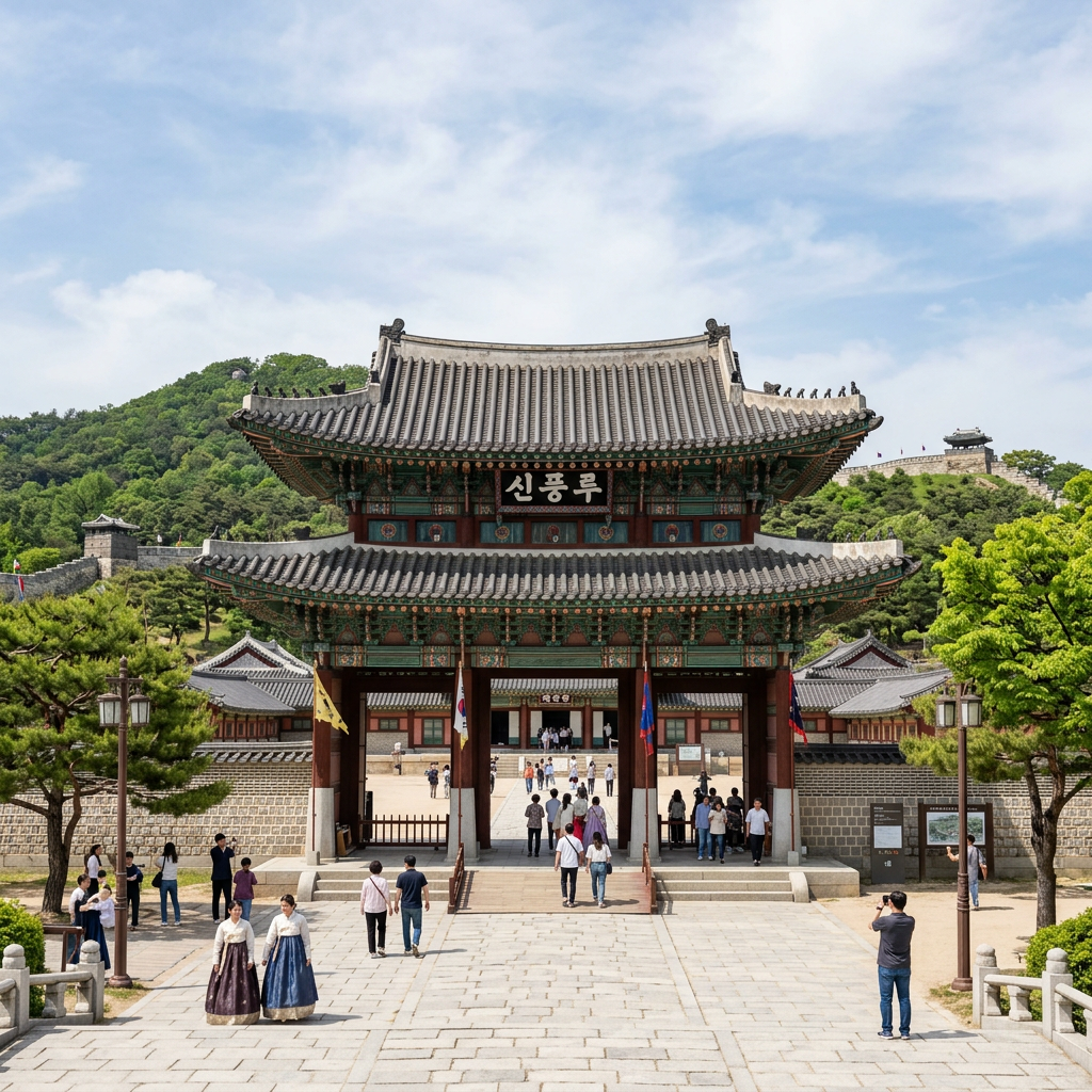 Ornate Korean palace gate labeled 신풍루 with visitors and flags