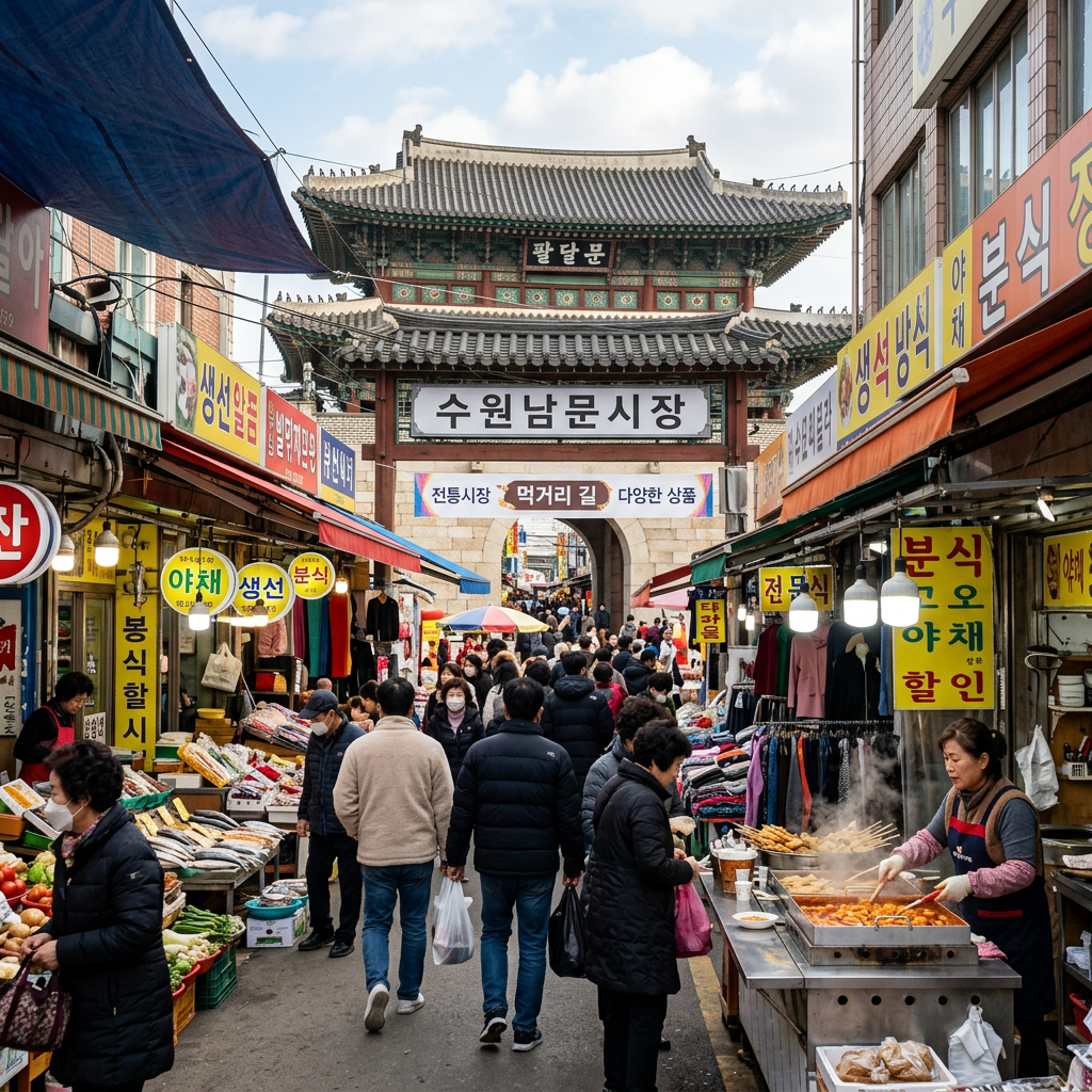 Crowded Suwon Nammun Market beneath a traditional Korean gate