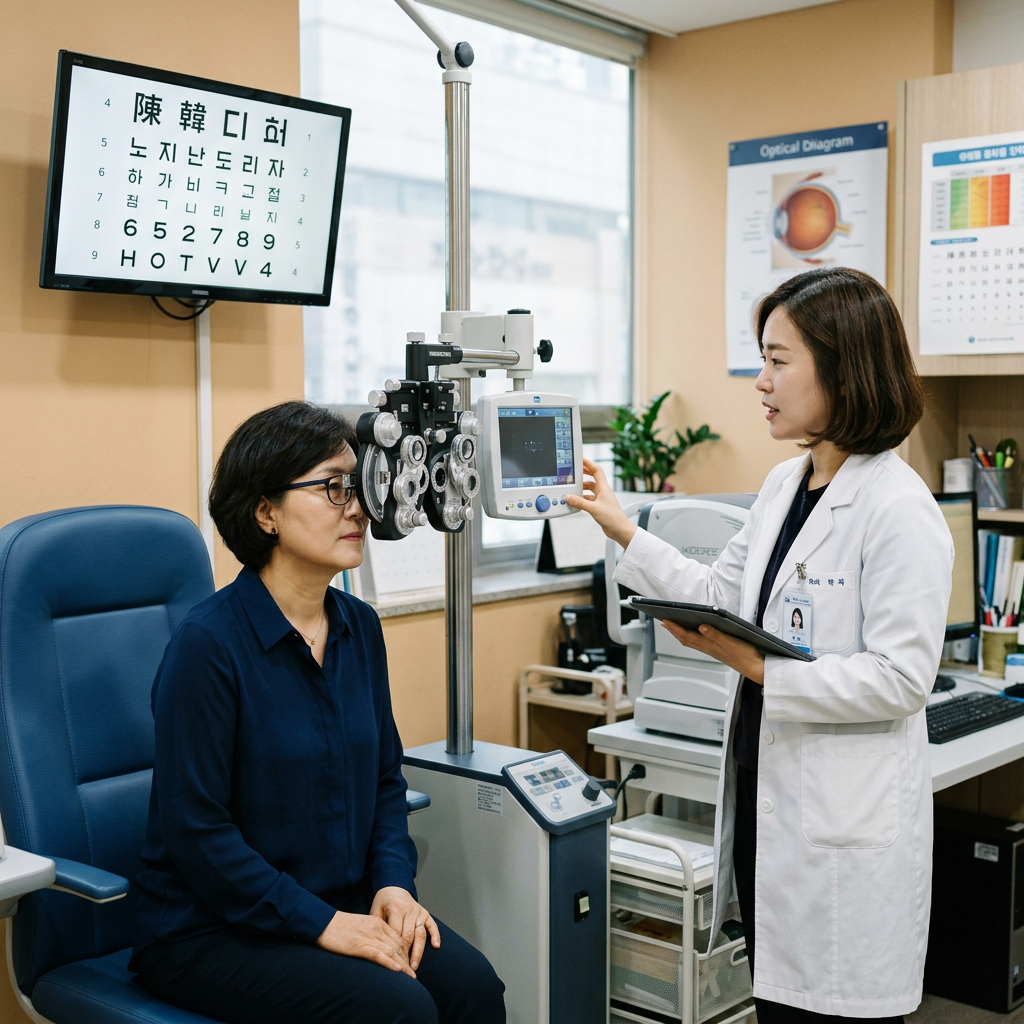 Ophthalmologist conducting a vision examination with a seated patient