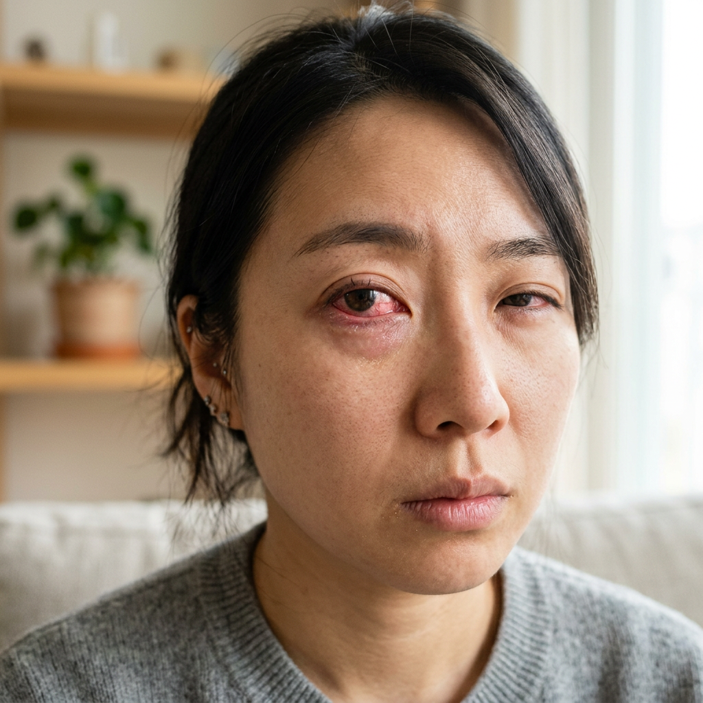 Person with a visibly red, swollen eye in close-up portrait